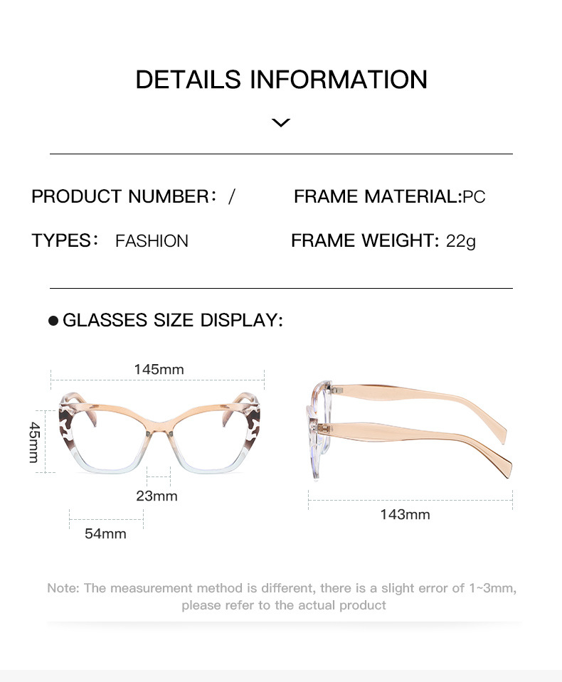 2023新款猫眼眼镜框女时尚欧美撞色PC眼镜架平光镜跨境防蓝光眼镜详情7