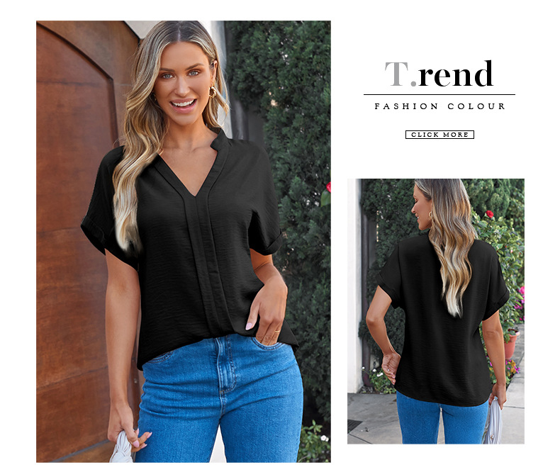 时颖夏季新款纯色V领短袖T恤女欧美时尚褶皱薄款透气套头衫女详情12