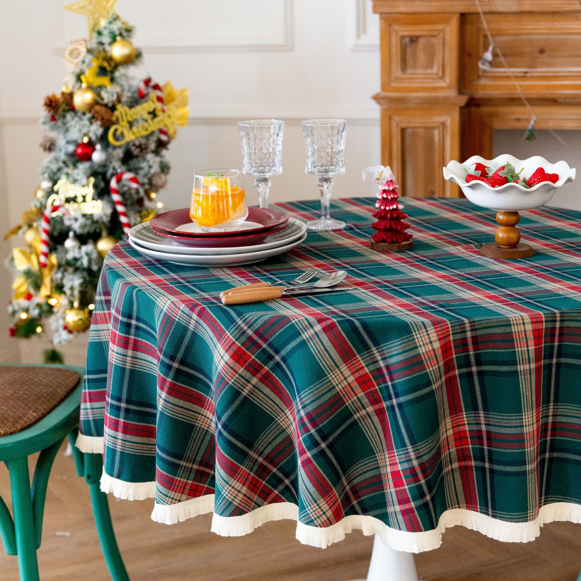 Tablecloth, coffee table, cotton and linen decorative table, ins style best-selling rectangular retro dining table, festive red Christmas checkered pic 12