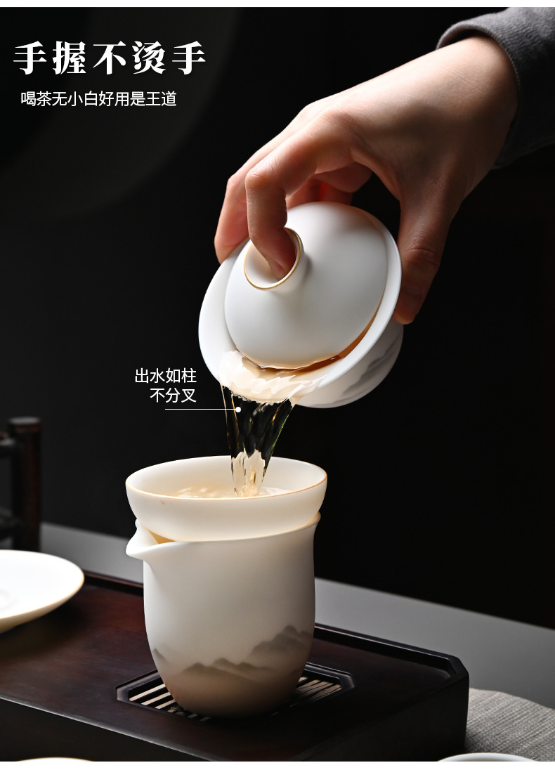 High-end kung Fu tea set, household light luxury sheep fat jade gilded covered bowl teapot tea set, complete set wholesale pic 10