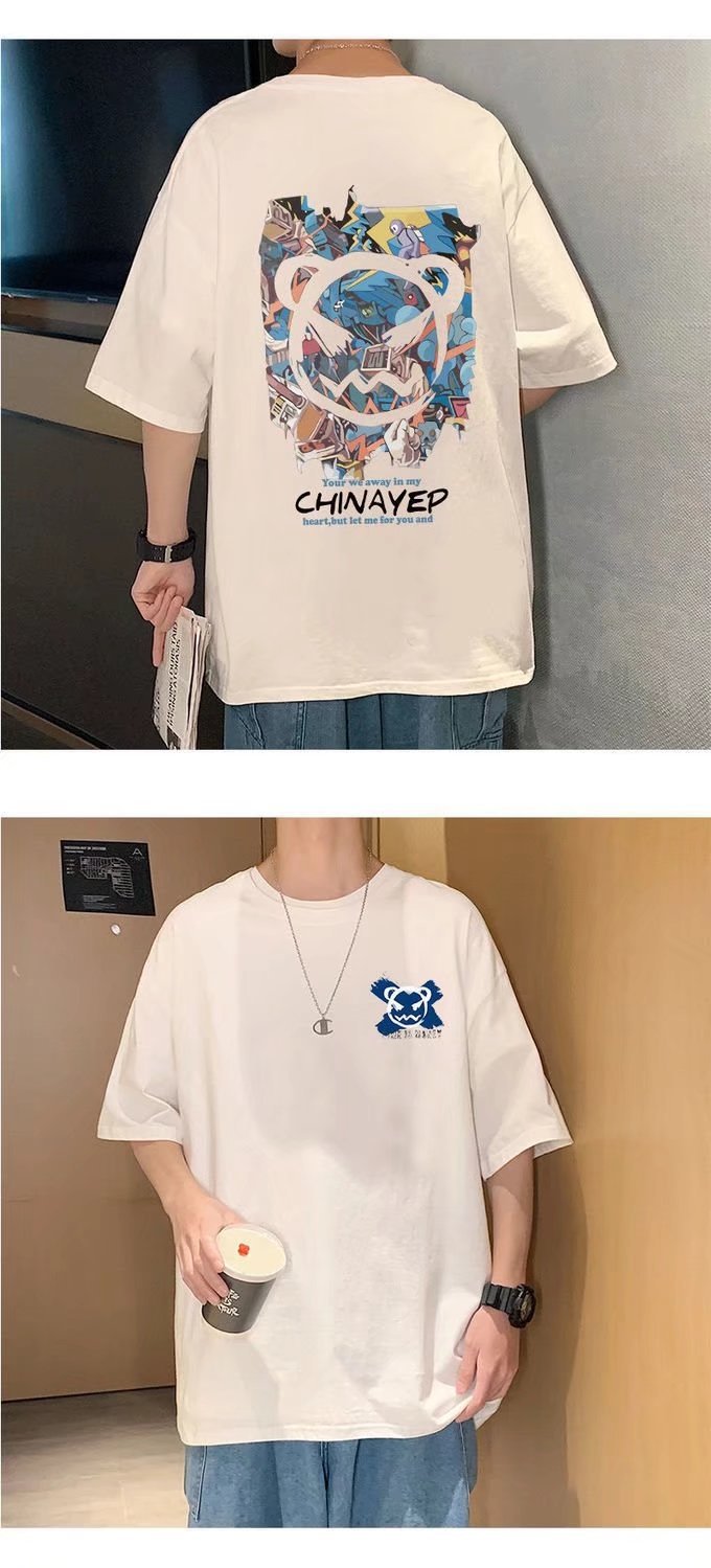 Summer Hong Kong-style devil graffiti short-sleeved T-shirt for men, ins trend loose couple half-sleeved T-shirt for casual wear, thin clothes pic 6