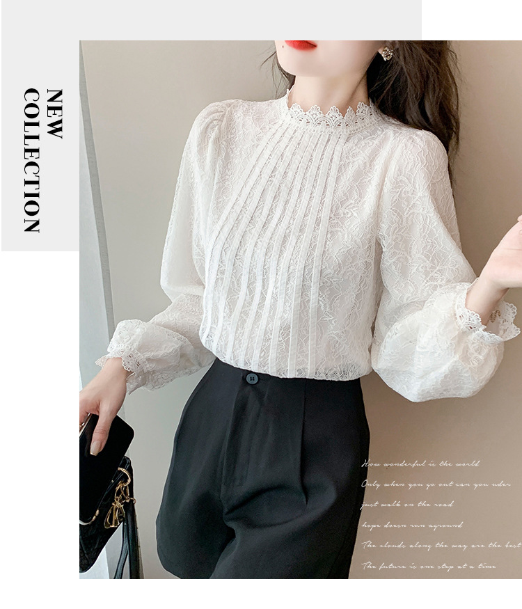 New Chinese-style in-stock real photos of the autumn new Korean-style versatile semi-high-neck lace base shirt for women. Pair it with a lace shirt inside pic 15