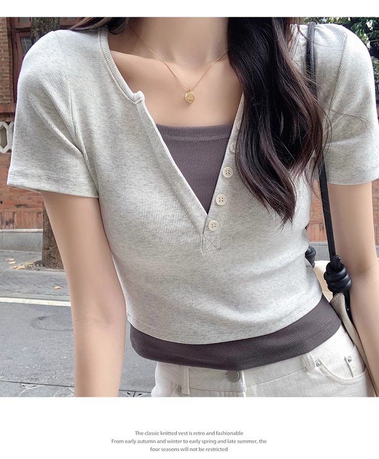 Pink V-neck off-the-shoulder T-shirt for women, short sleeve, new spring and summer style, two-piece design, slim and short, pure and sensual pic 47