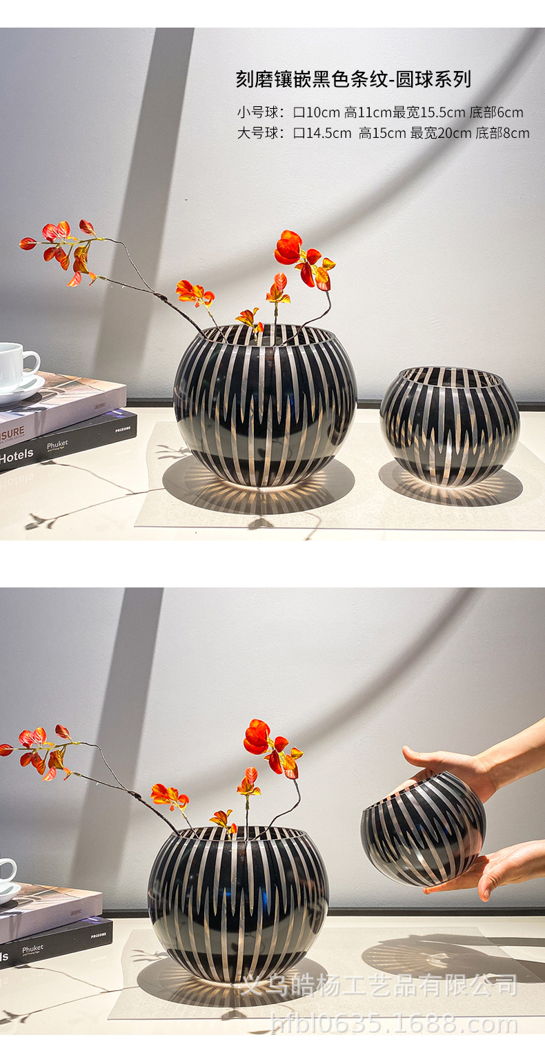 Handcrafted black striped frosted glass vases, hotel living room, entrance hall, model room, colorful flower vases for decoration, Ins-style home furnishings pic 9