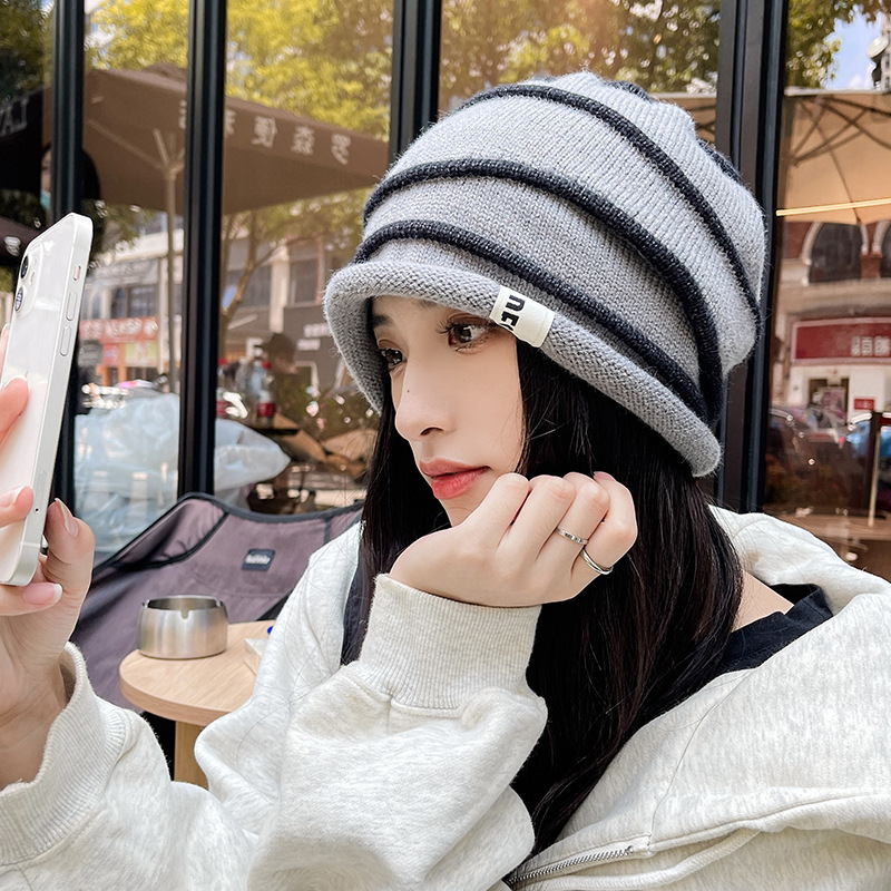 Sombrero lunzi primavera otoño stretch slim cara pequeña bolsa sombrero versión coreana cabeza grande wrap rizado heap heap sombrero invierno caliente sombrero frío mujer pic 16