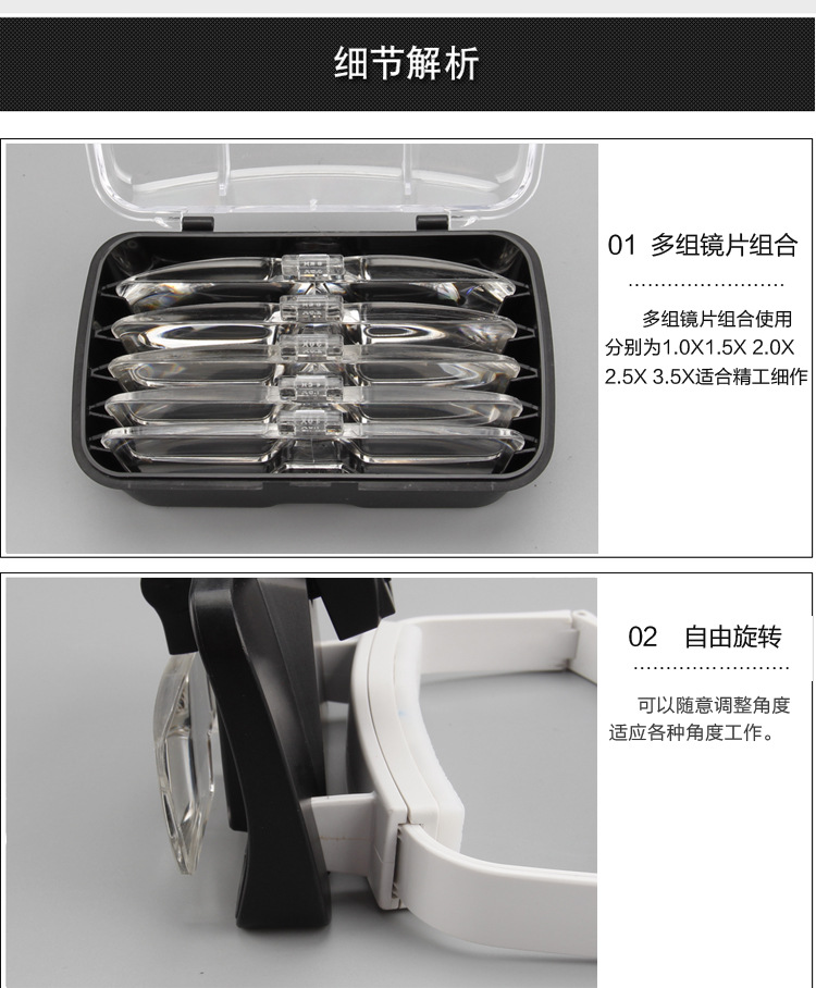 LED light 9203, head-mounted glasses, high-definition acrylic multi-magnification lenses, reading, electronic repair, magnifying glass pic 3