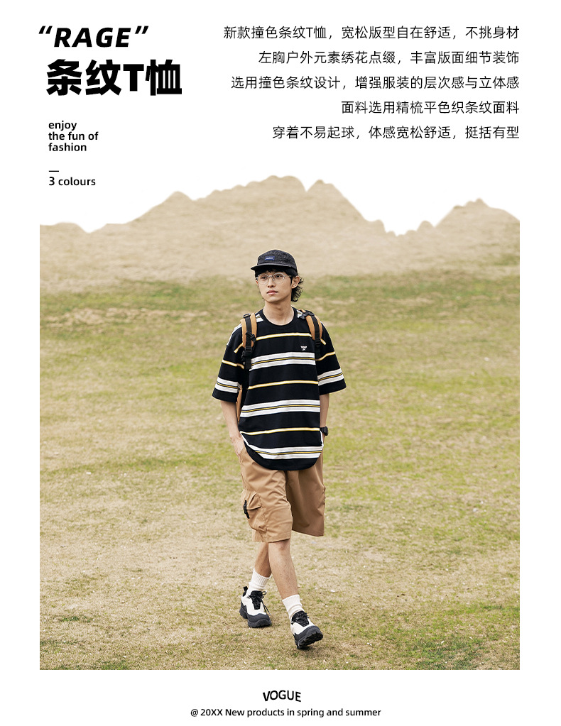 韩路男装 复古短袖T恤男夏季新款日系情侣字母刺绣撞色条纹体恤衫详情7
