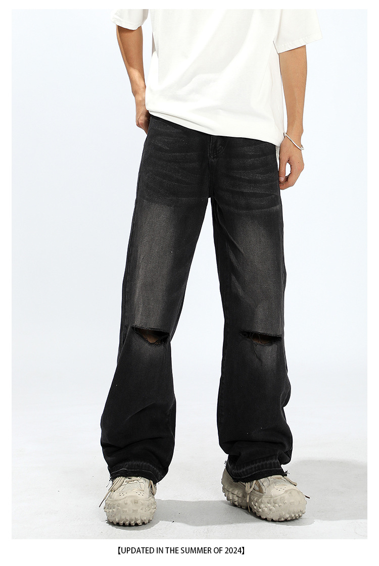 秋冬牛仔裤男美式复古水洗做旧宽松显瘦高腰直筒破洞阔腿拖地裤详情6