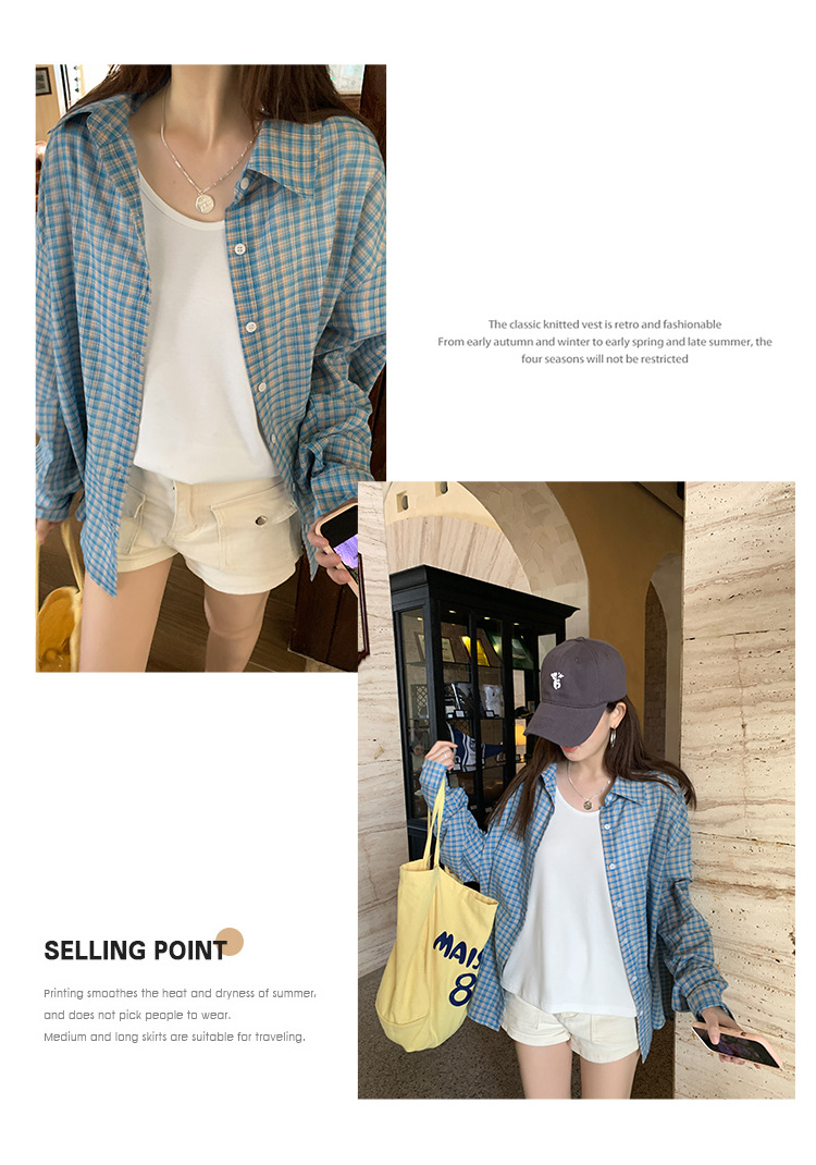 Blue checkered loose long-sleeved shirt for women, summer loose and laid-back style, polo collar sun-protective early autumn shirt jacket pic 10