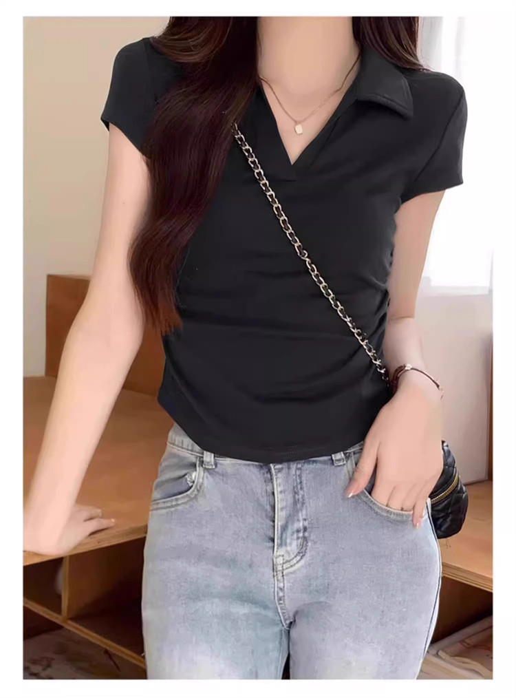polo collar slimming and form-fitting shoulder T-shirt for women, short sleeve, pure and hot girl, short design with a cinched waist, top for summer pic 38