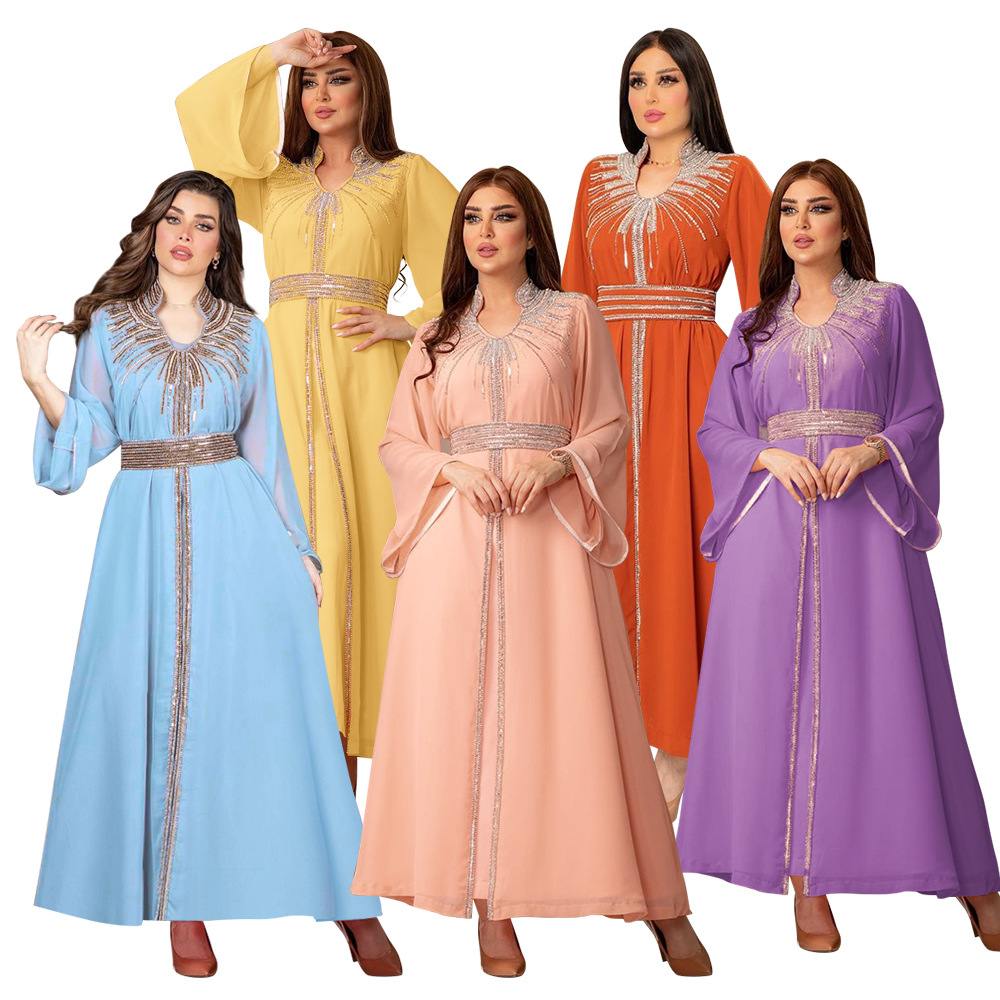 XQY500090 Foreign trade Arab robe, Middle East kaftan fashion Hot diamond belted chiffon dress pic 13