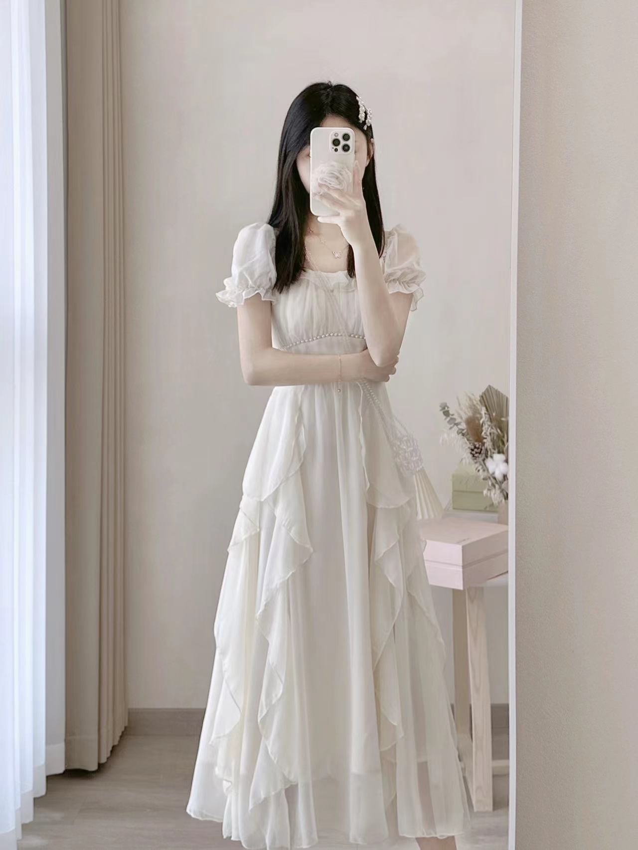 法式桔梗粉色方领连衣裙女夏季温柔风气质仙女长裙质感高级感裙子详情2
