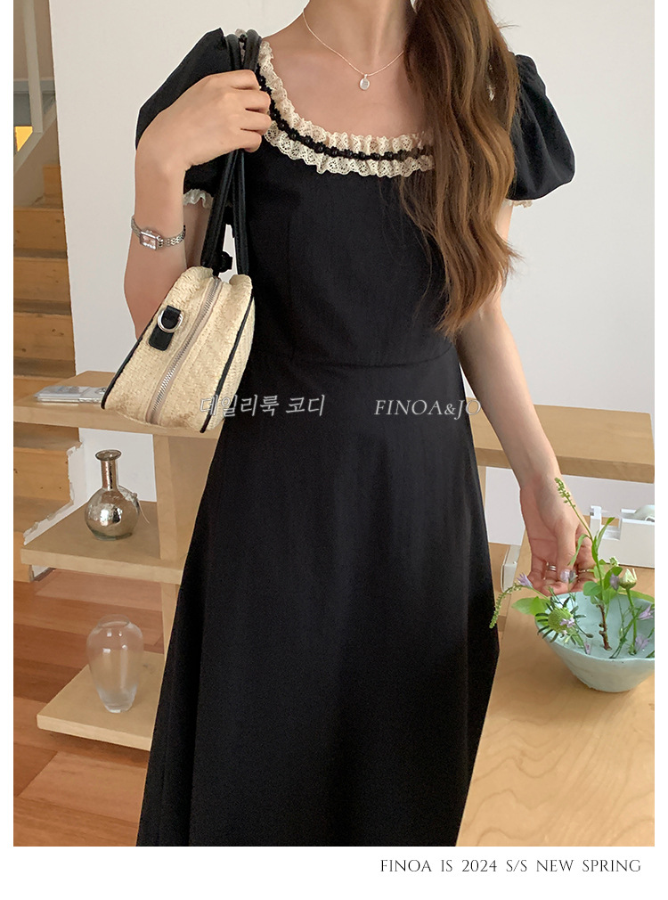 费挪 OLIVE十三行春夏新品法式优雅气质黑色蕾丝花边连衣裙2166详情17