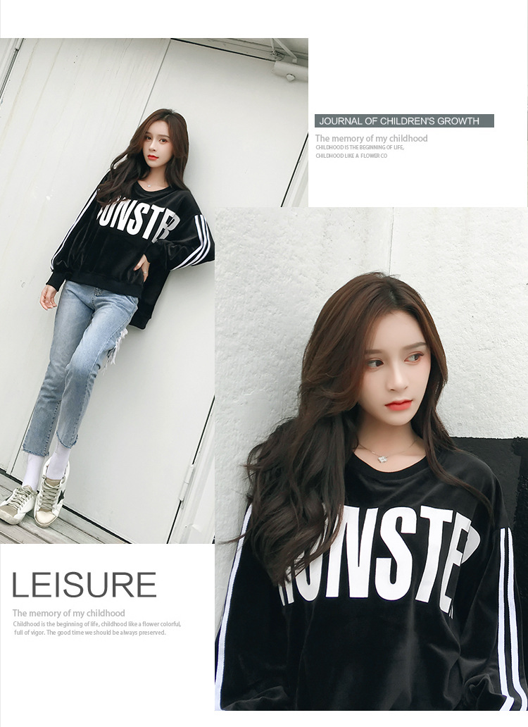 Velvet loose Korean-style hoodie for women, long-sleeved, lettered, laid-back style bf Harajuku jacket top pic 25