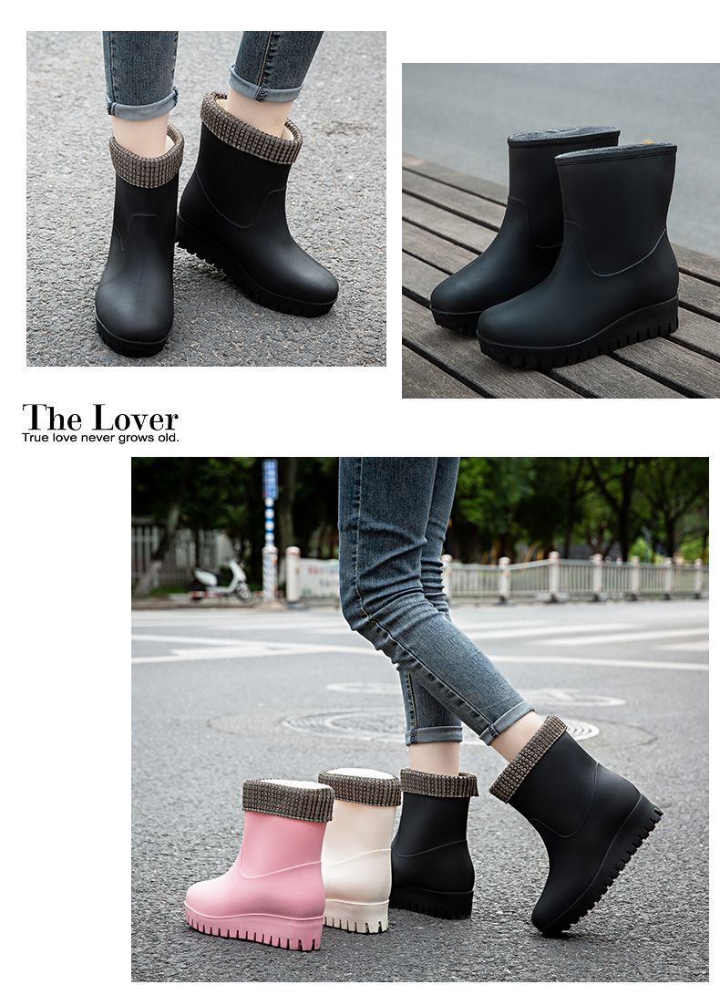 一件代发时尚雨靴女款时尚长筒水鞋防滑厚底增高胶鞋高跟工作雨鞋详情12