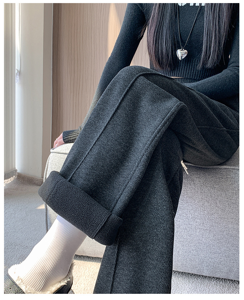 灰色直筒裤女秋冬裤子2024新款人字纹毛呢裤长裤羊羔绒窄版阔腿裤详情31