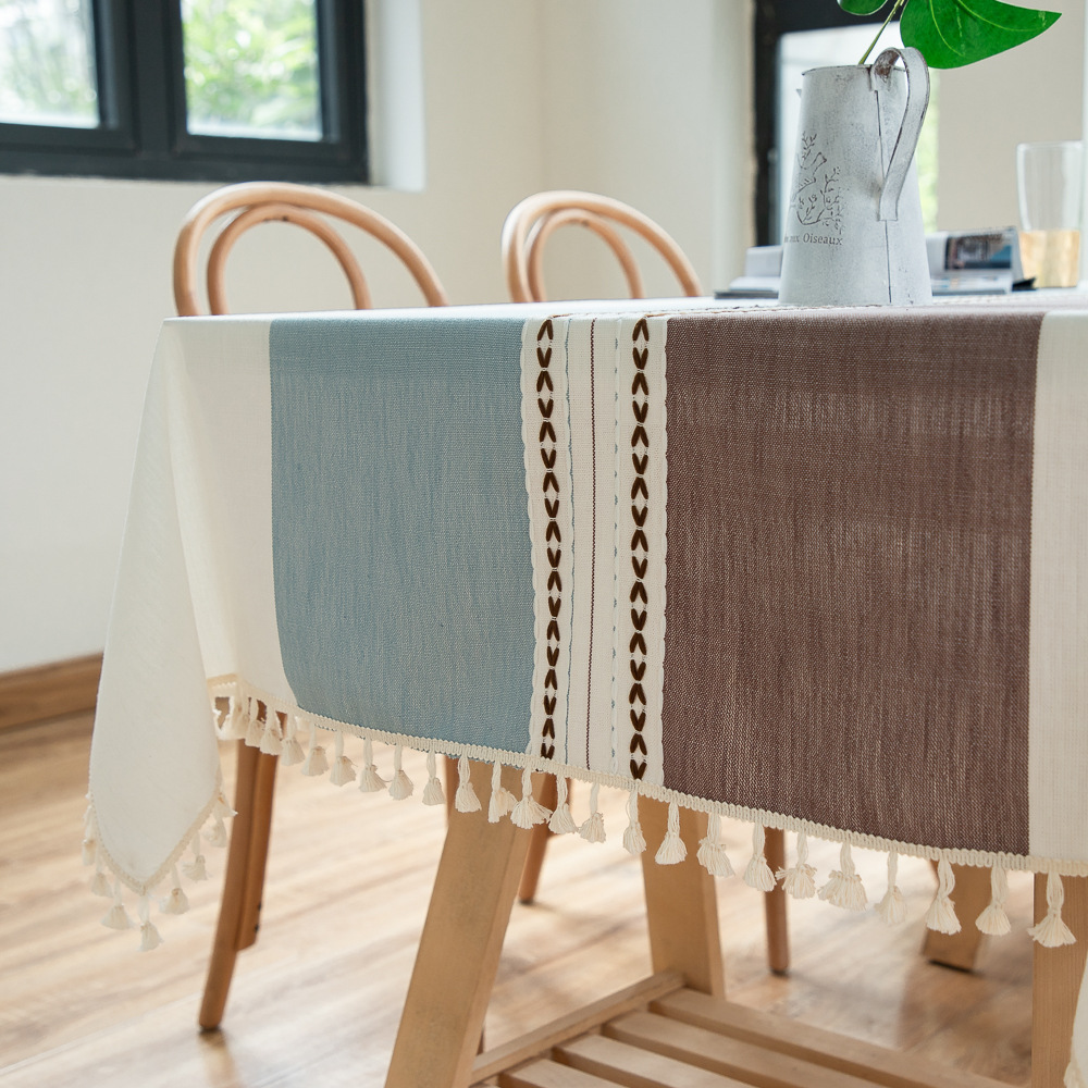 Cross-border Japanese color-blocking and color-blocking embroidered tassel tablecloths, kitchen, dining room, party, family table cover decoration, cotton and linen pic 9