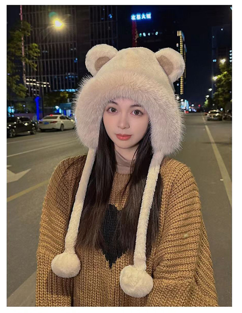 冬天可爱小熊毛绒针织帽加绒护耳帽子女保暖防寒毛绒帽带毛球新款详情14