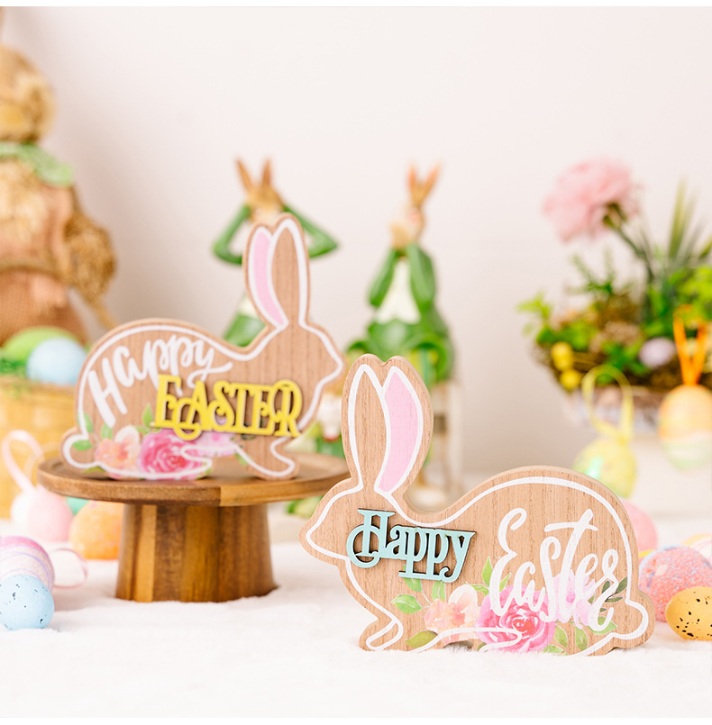 Cross-border new Easter decorations, wooden Easter rabbit figurines, cartoon 3D rabbit gifts pic 8