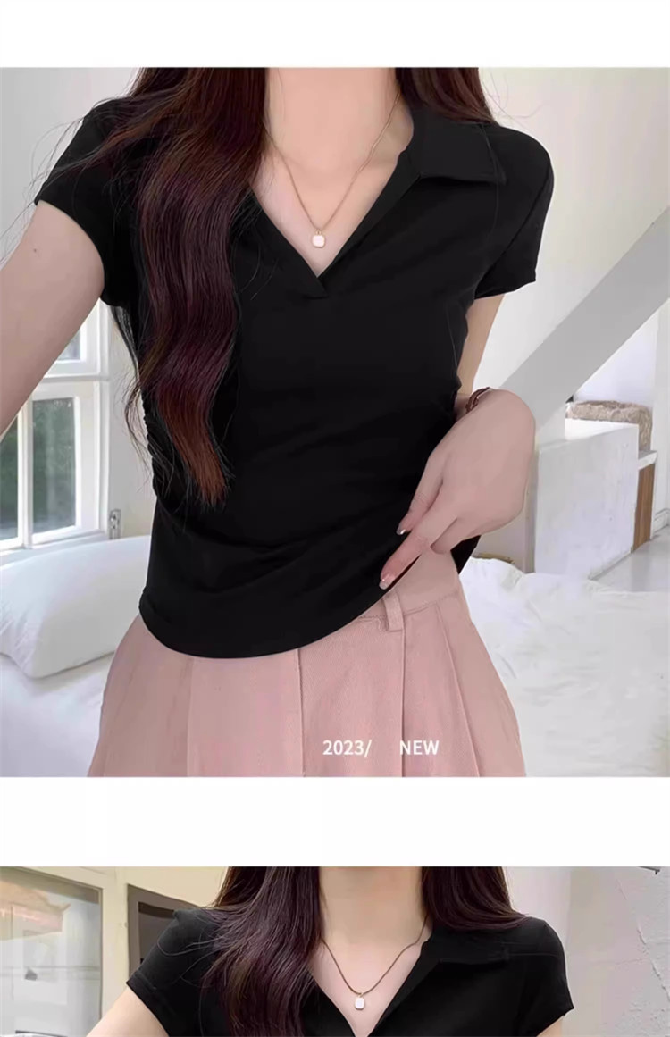 polo collar slimming and form-fitting shoulder T-shirt for women, short sleeve, pure and hot girl, short design with a cinched waist, top for summer pic 33