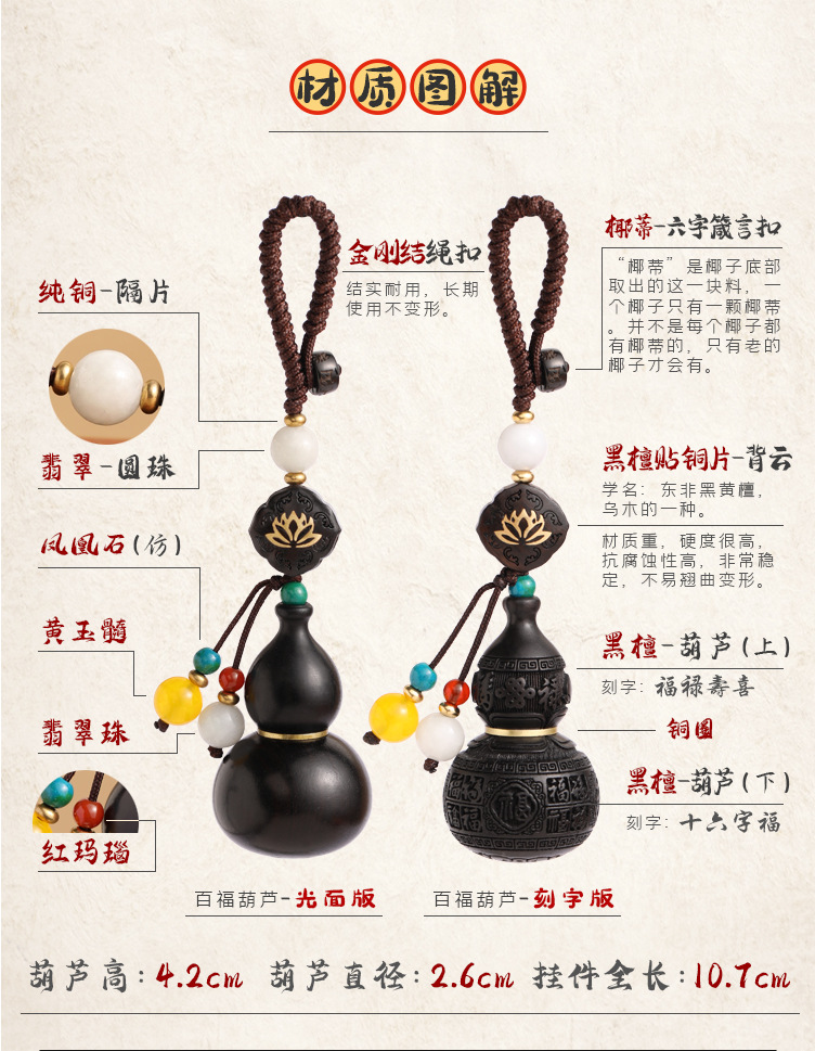Car keychain wood carving pendant, natural ebony Baifu gourd peace keychain hanging accessory, small pendant for men and women pic 5