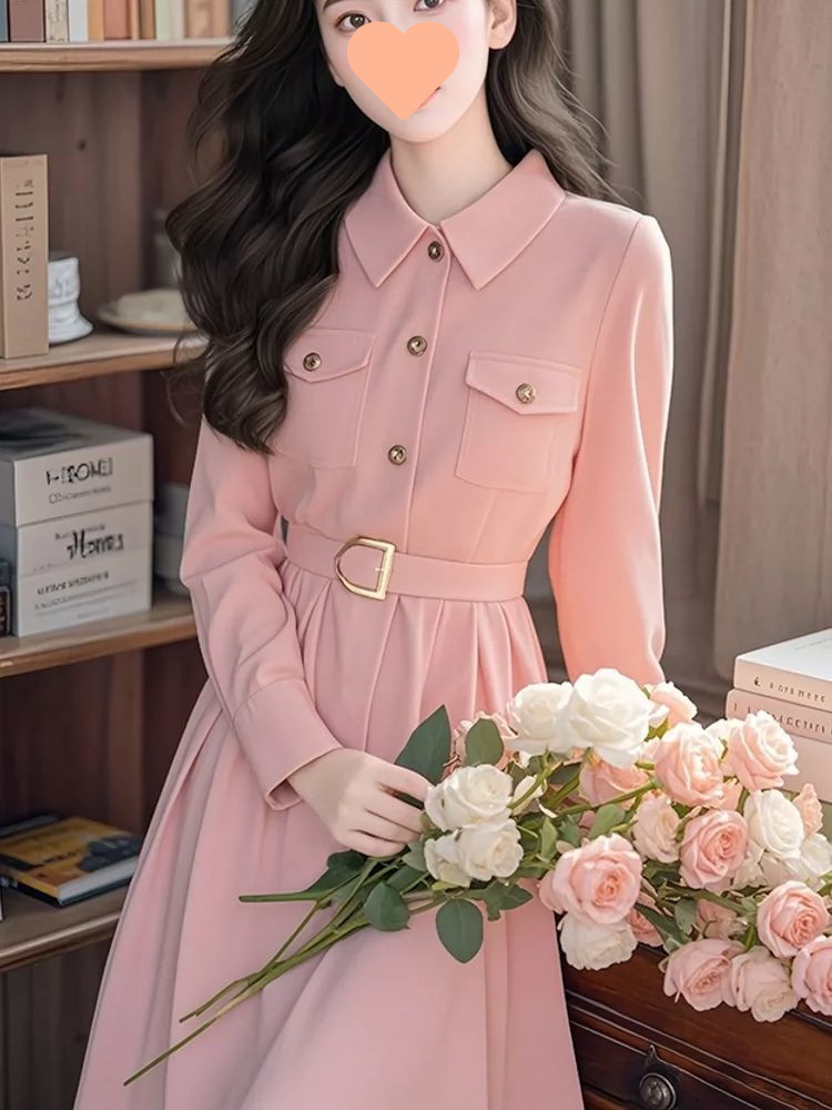 初秋钓系约会裙法式小香风正式场合收腰粉色长袖连衣裙女2024新款详情8