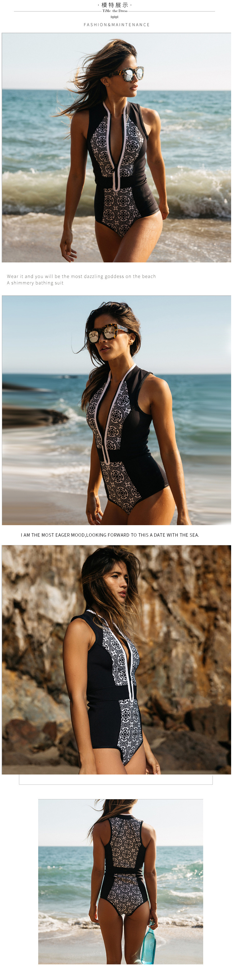 2022新款速卖通泳衣欧美女式连体拉链泳装外贸复古印花wish比基尼详情1