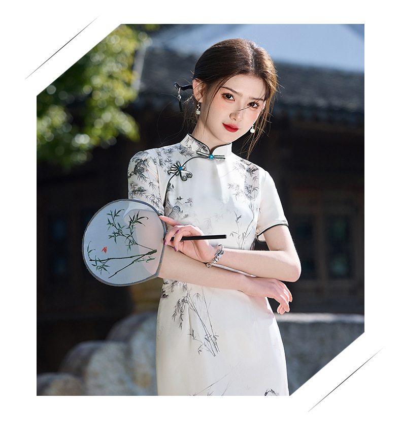 国潮国风水墨画长款醋酸双层改良2025新款年轻款少女复古修身详情1