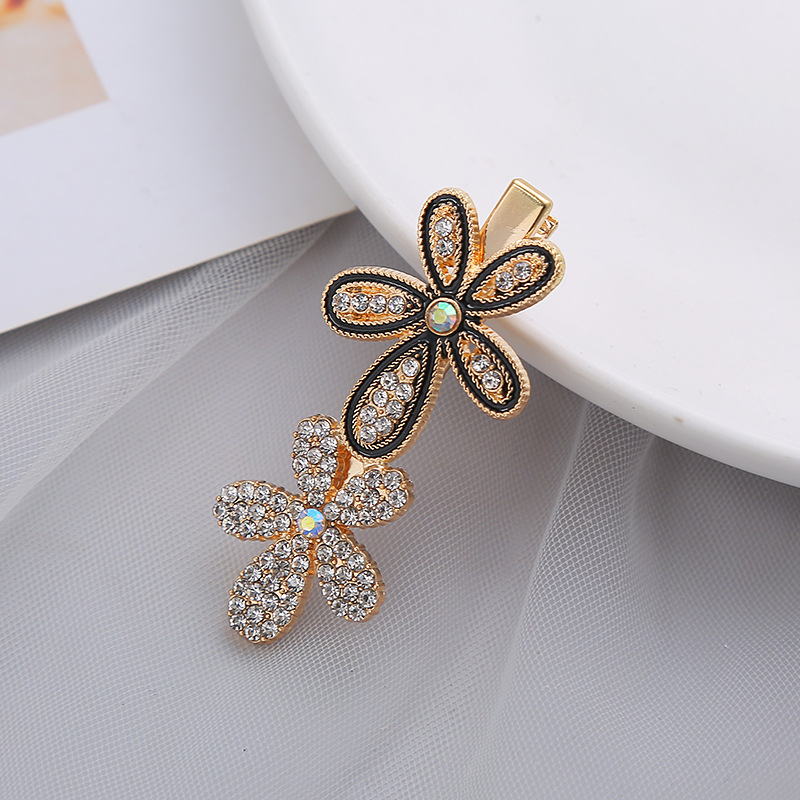 韩国黑色滴油双花水钻发夹一字发卡子网红侧边夹气质少女刘海夹详情6