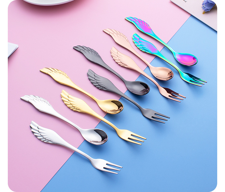 304 stainless steel wing spoon and fork, creative coffee dessert spoon, fruit fork, fruit spoon, pink gift box set, spoon, coffee stirring spoon set, ice cream spoon set, tableware set pic 2