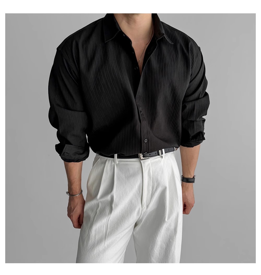 Black long-sleeved shirt for men, with a high-end vertical stripe texture, light mature style, inch shirt, versatile, no-iron casual business shirt pic 2