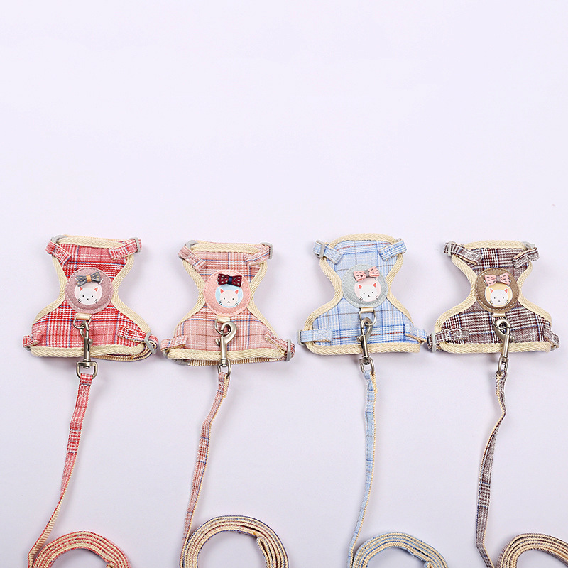 Wholesale of cartoon cute cat I-shaped chest and back straps, durable pet leashes, pure cotton webbing cat chains pic 15