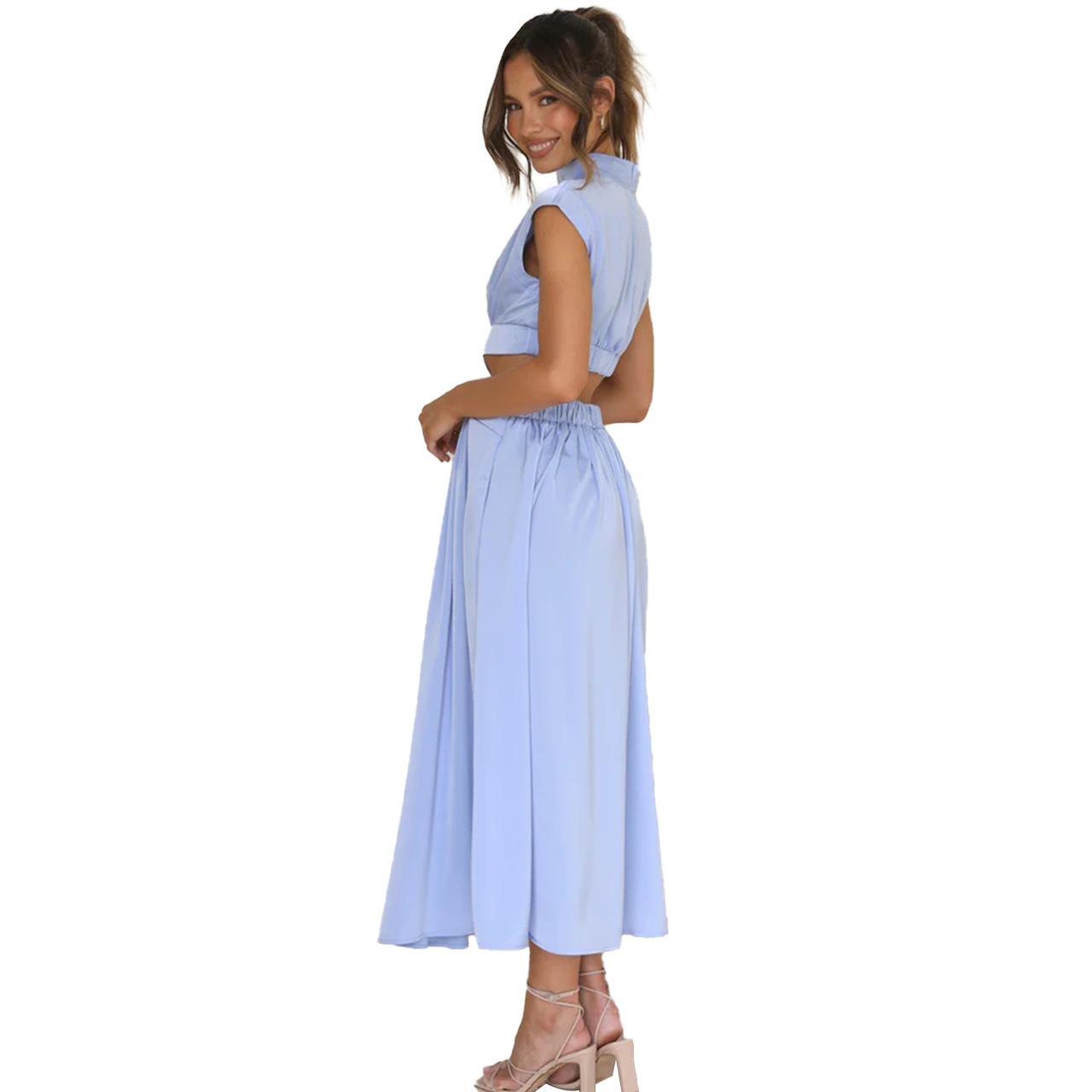 A sweet and fashionable summer stand-up collar macaron-colored waist-exposing long dress from Europe and America in 2023 pic 60