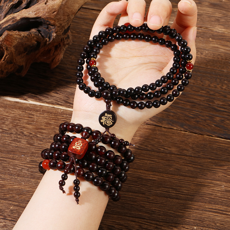 A creative DIY hand-held Buddhist prayer bead cultural and artistic bracelet for men and women, featuring 108 beads of Indian small-leaf rosewood and multiple loops pic 1