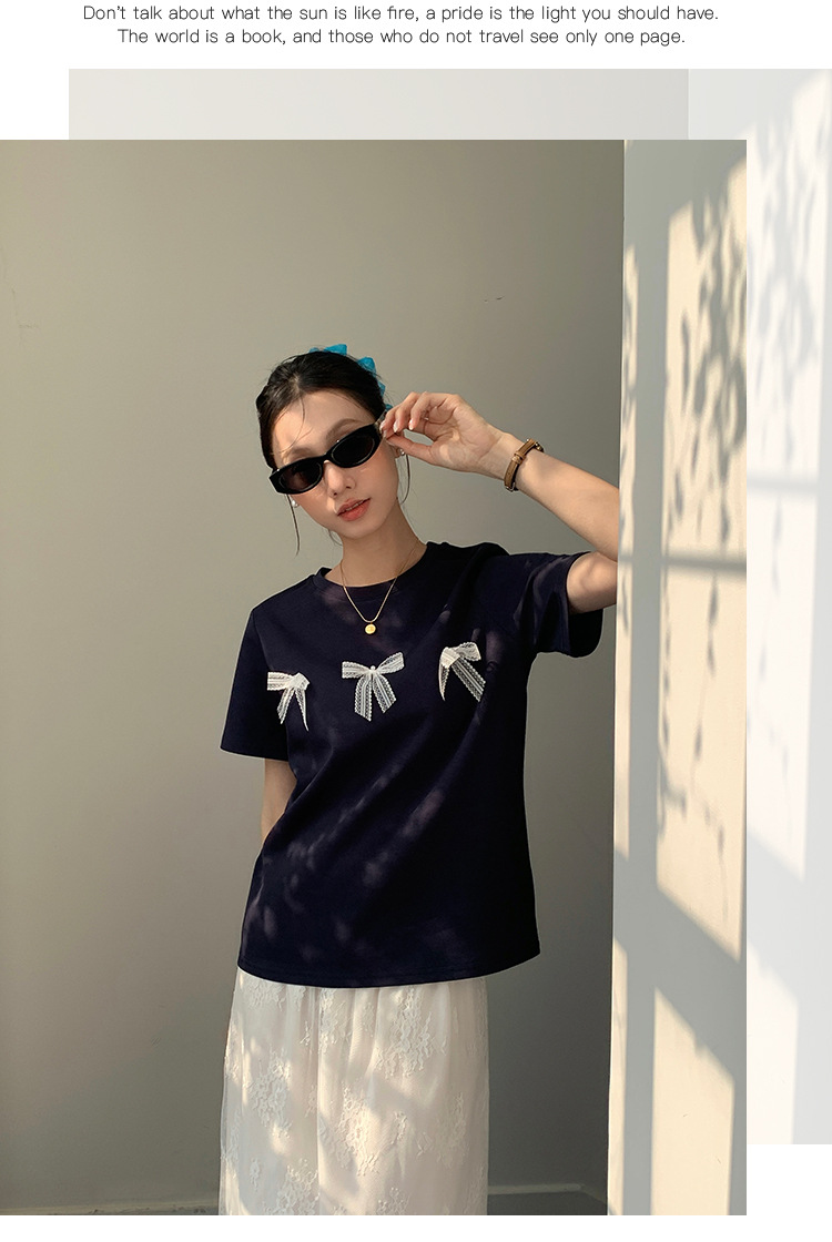 Aisili 2025 Spring Korean ballet-style lace bow design Versatile short-sleeved T-shirt for women 13316 pic 32