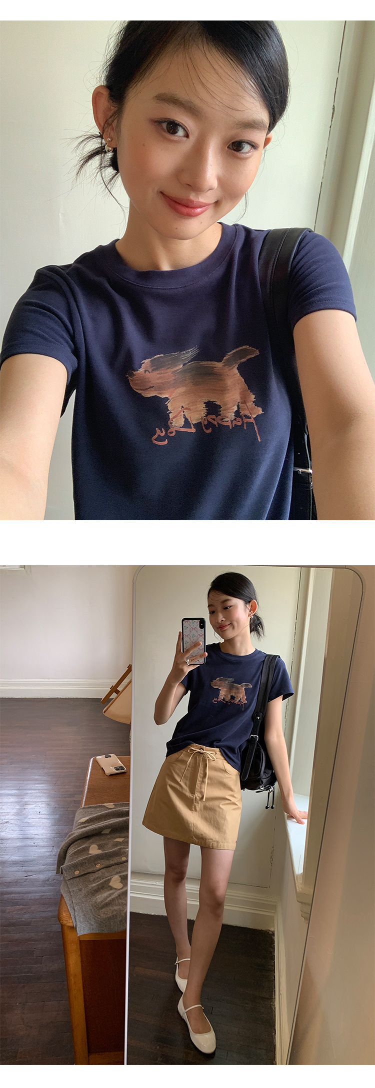 Short-sleeved T-shirt for women in the early autumn of 2024, with a loose, round neck and a simple, slimming design featuring a puppy print pic 9