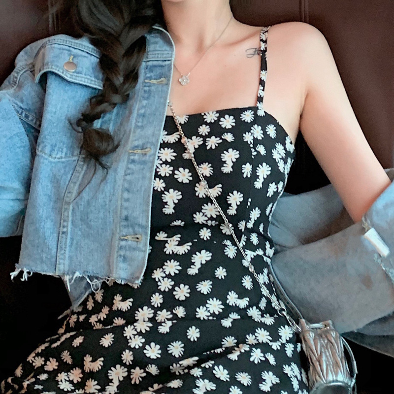 2020新款夏季小雏菊印花少女露肩雪纺吊带裙中长款系带显瘦连衣裙详情9