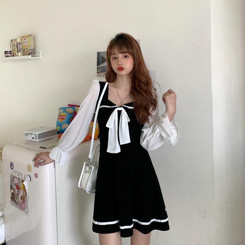 秋装新款性感方领泡泡袖连衣裙女大码胖mm条纹蝴蝶结显瘦长袖裙子详情3