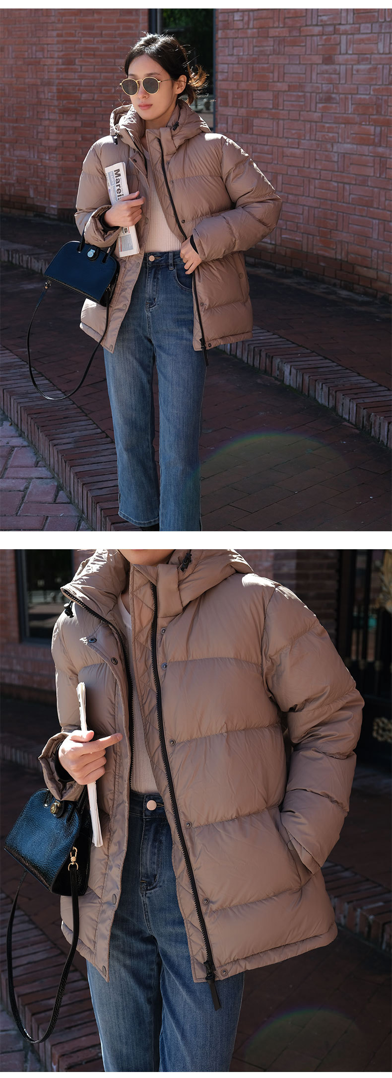 The cold-proof magic weapon, the 700-peng 90 white goose down thickened warm loose short hooded bread down jacket for women in winter pic 5