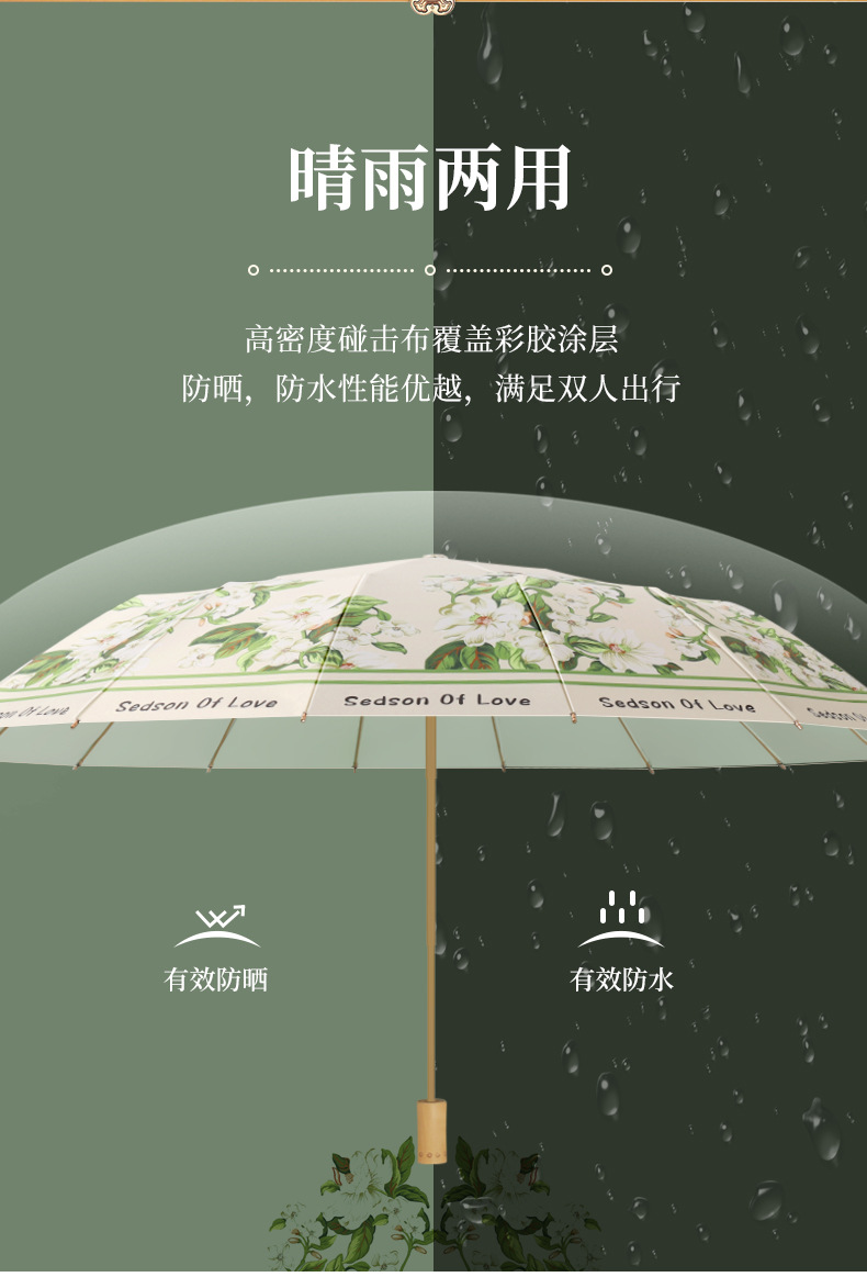 三折16骨雨伞手开晴雨伞实木手柄遮阳伞彩胶防晒太阳伞详情10