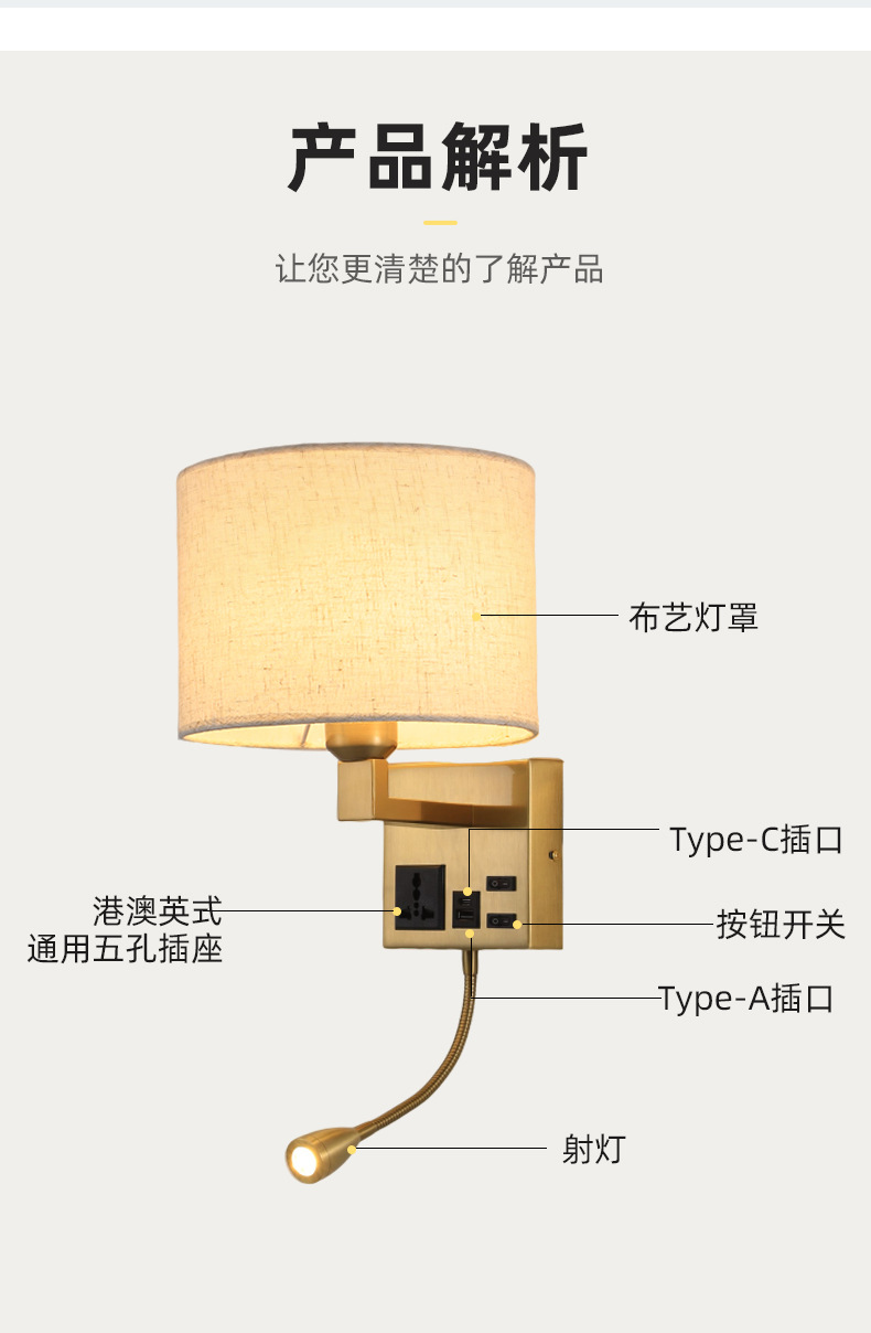 Hotel bedroom with socket USB charging wall lamp, American-style simple bedside wall lamp, living room and study led reading wall lamp pic 2