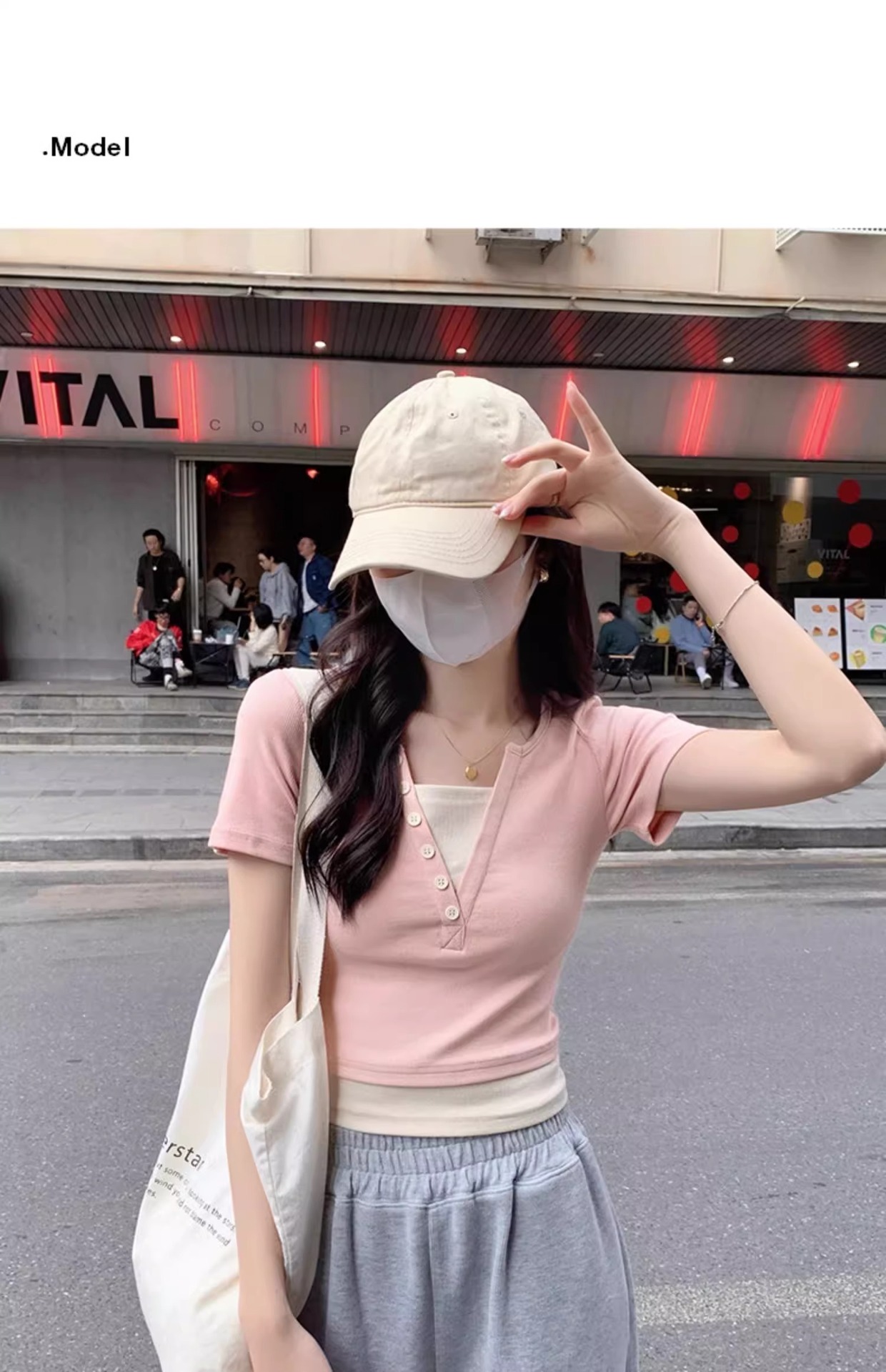 Pink V-neck off-the-shoulder T-shirt for women, short sleeve, new spring and summer style, two-piece design, slim and short, pure and sensual pic 7