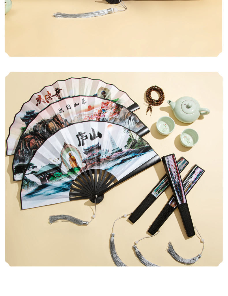 8寸黑杆竹骨双面绢布折扇中国风折扇旅游景区礼品国潮风扇子批发详情9