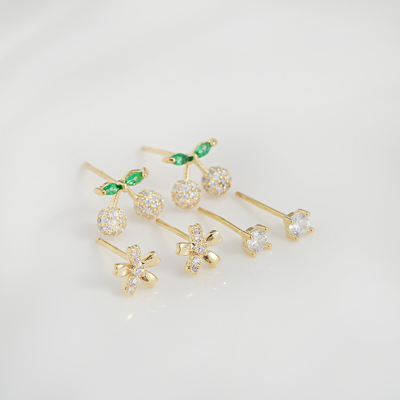 S925银针一卡三对套装耳钉女睡觉不用摘樱桃花瓣耳饰简约学生耳坠详情4