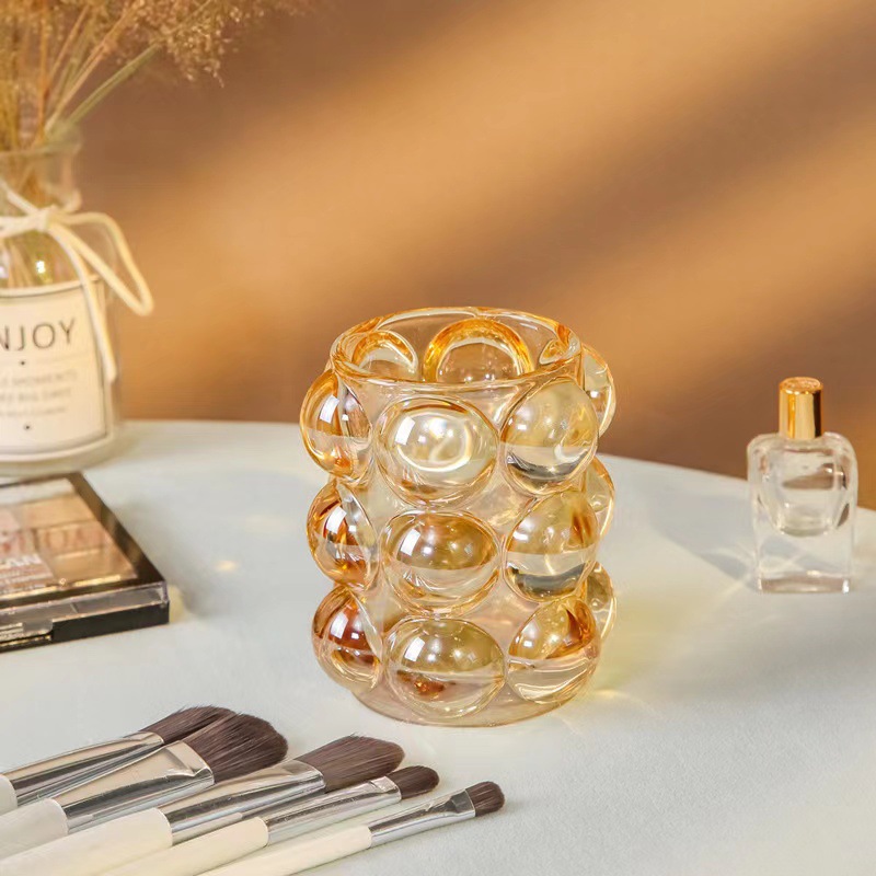 多用途创意透明水晶玻璃笔筒化妆刷桶桌面摆件玻璃烛台蜡烛杯批发详情5