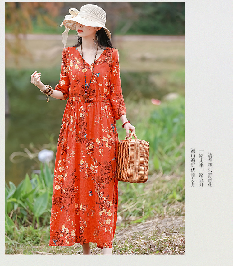 2024夏季新款中年妈妈复古文艺印花棉麻收腰连衣裙宽松大摆长裙女详情38