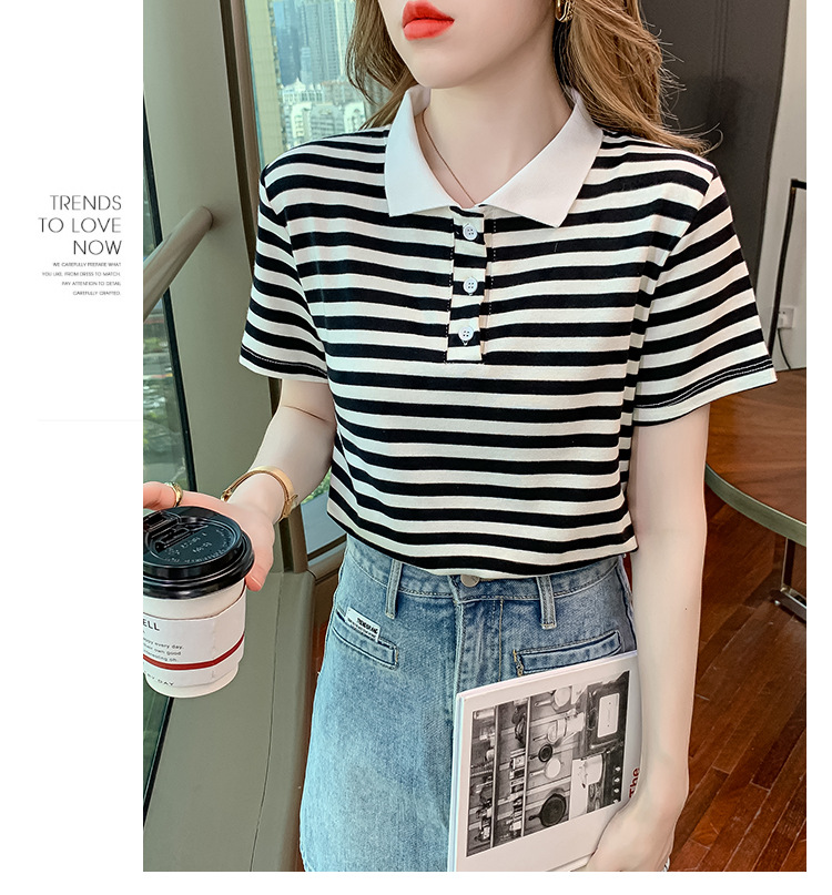 Verano coreano versión rayas mujer commuter patchwork color polo cuello manga corta camiseta mujer diseño sentido moda legging pic 29