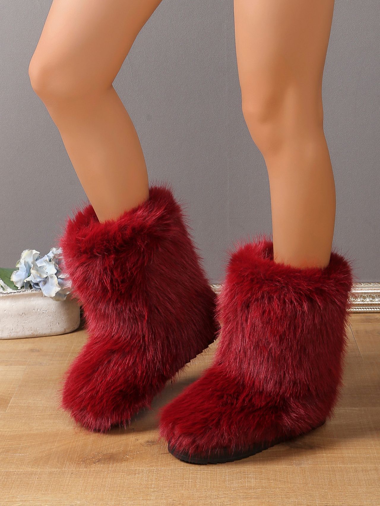 跨境新款毛毛靴子冬季保暖加绒雪地靴女大码中筒靴子44码外贸靴子详情45