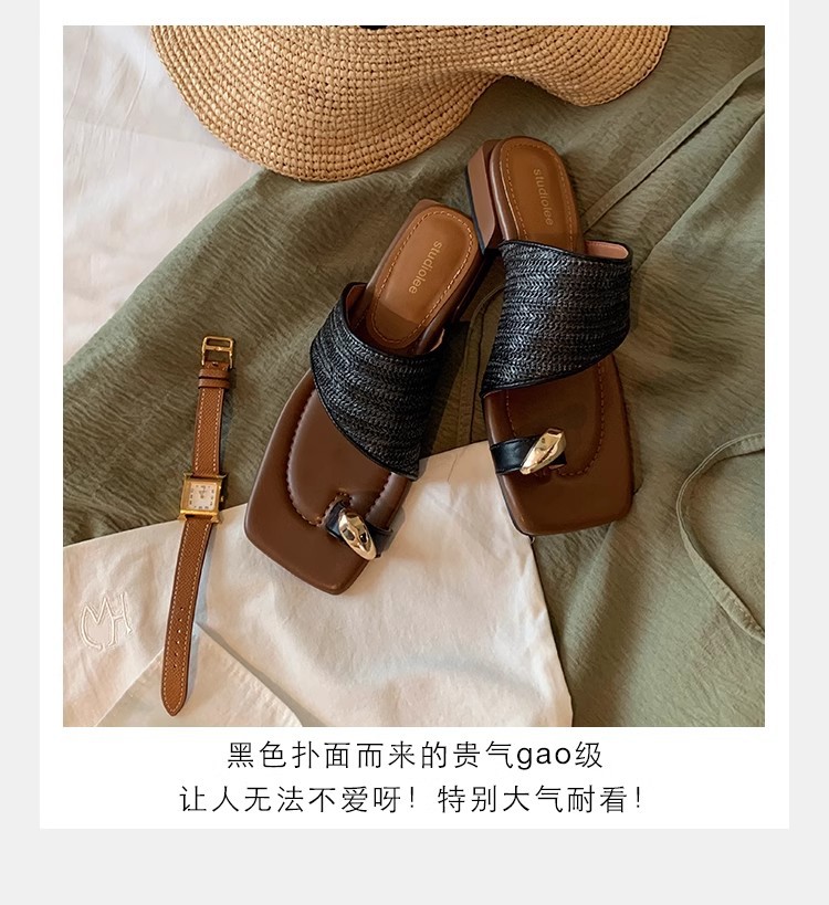 葡萄妈夏季新款度假风金属夹脚气质方头草编织套趾凉拖鞋女外穿详情50