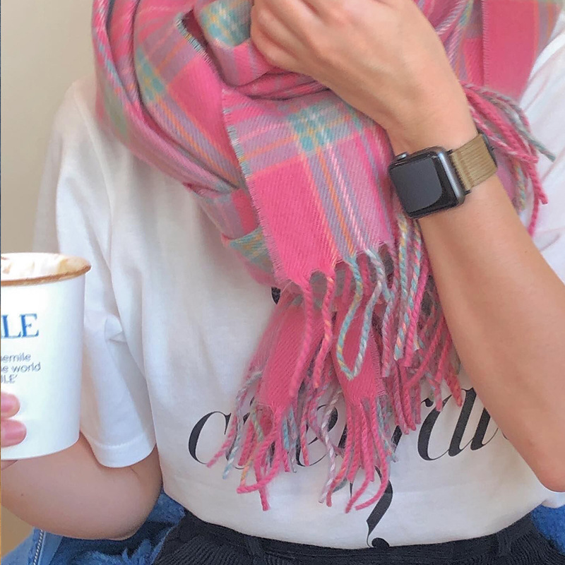 Korean style pink checkered scarf imitating cashmere winter purple scarf 2022 autumn and winter new style widened scarf shawl pic 32